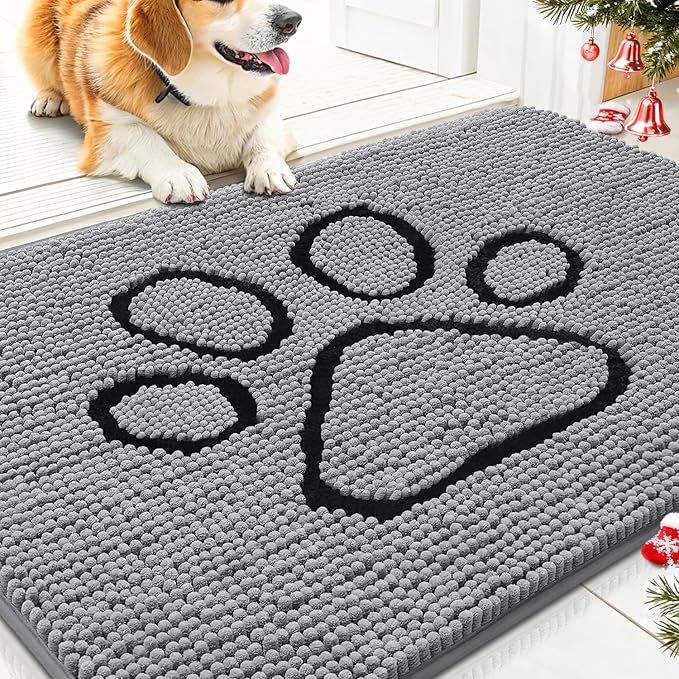 Smiry Dog Door Mat for Muddy Paws, Absorbent Dirt Trapper Non Slip Quick Dry Washable Chenille Mat for Mud Dogs, Entry Rug for Indoor and Outdoor (30x20 Inches, Grey and Black)