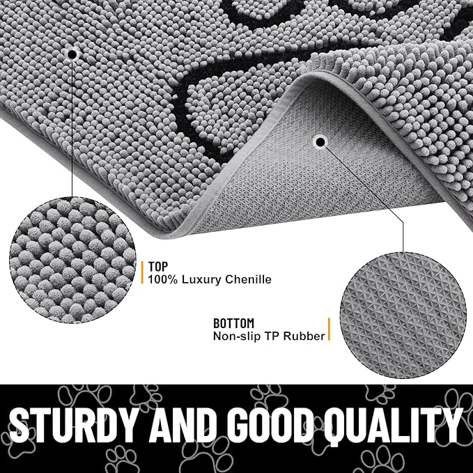 Smiry Dog Door Mat for Muddy Paws, Absorbent Dirt Trapper Non Slip Quick Dry Washable Chenille Mat for Mud Dogs, Entry Rug for Indoor and Outdoor (30x20 Inches, Grey and Black)